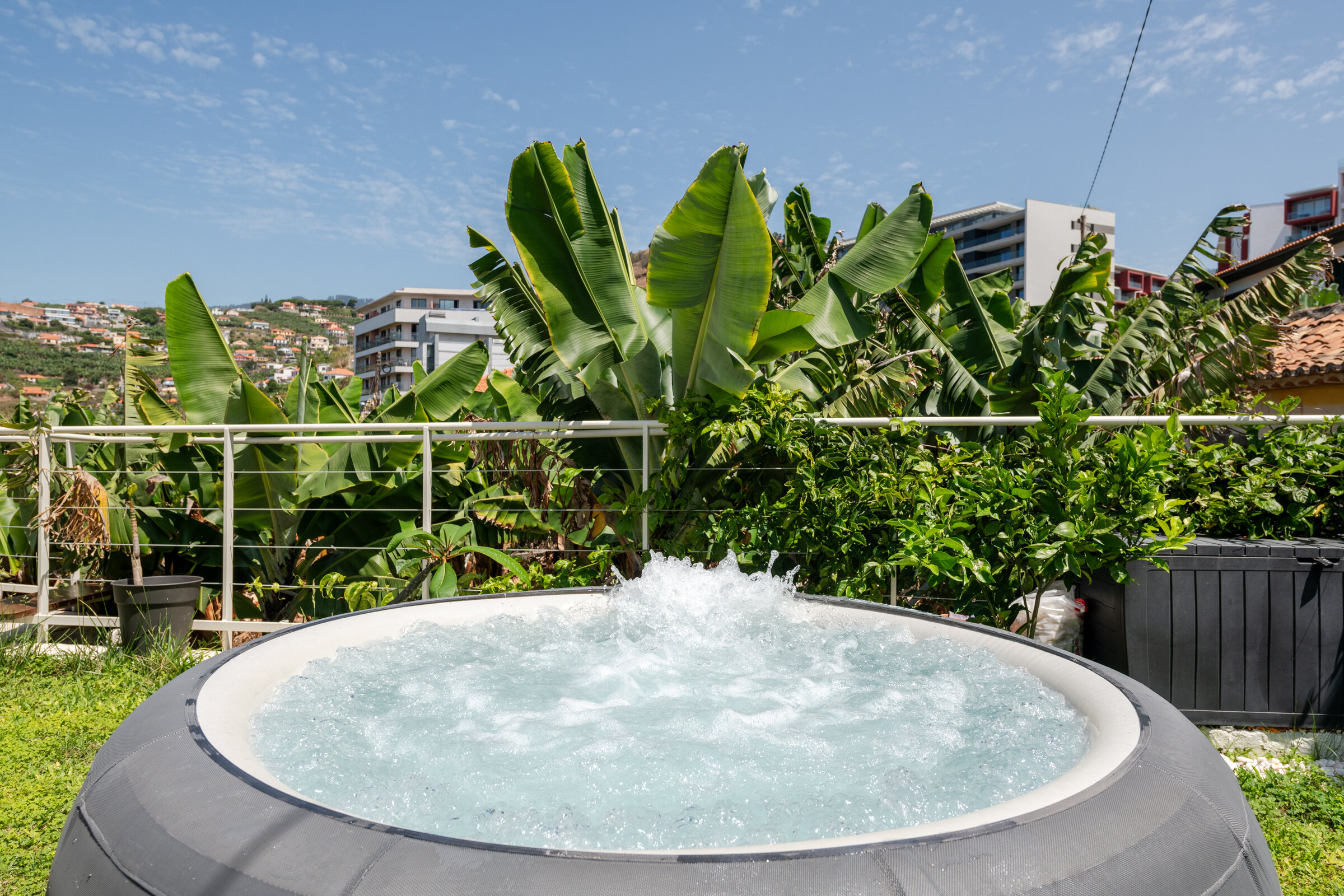 Jacuzzi bubbling in the garden, banana plants and hillside view